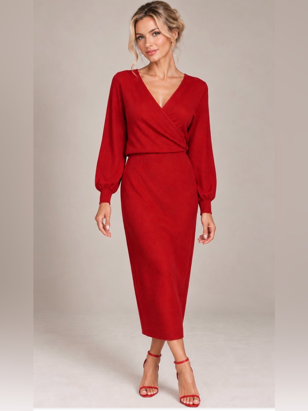 Sample Red Knit Midi Open Back Dress Sz XL